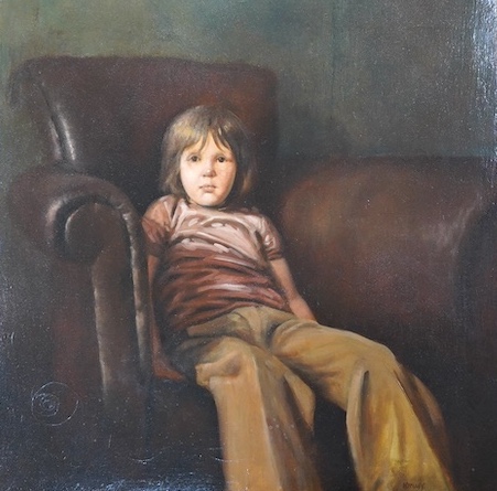 Ken Moroney (1949-2018), oil on canvas, Study of a seated child, signed, 50 x 50cm. Condition - fair to good, some craquelure